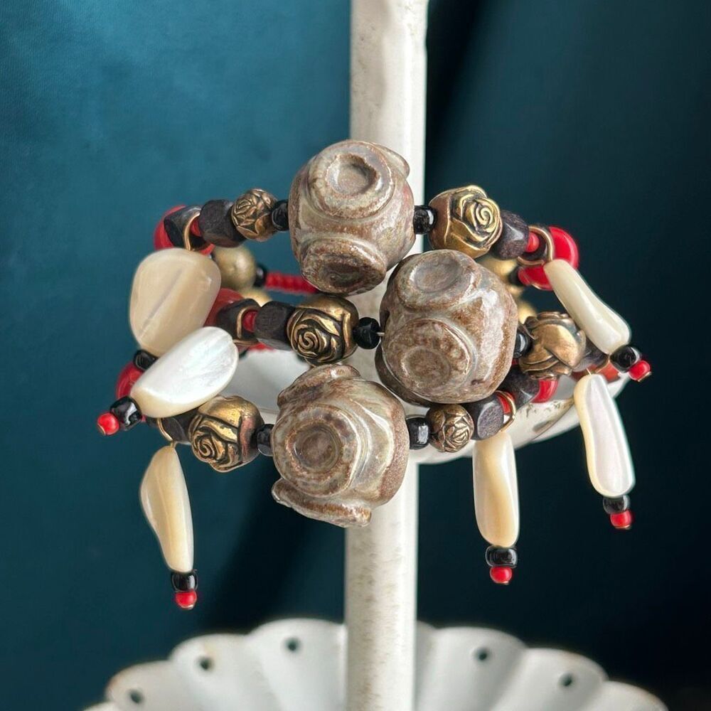 Ceramic Glass and Shell Beaded Memory Wire Bracelet
